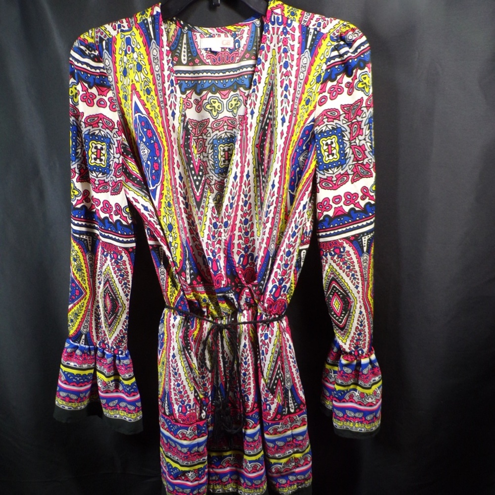 Multi Colored Romper with Bell Sleeves and black rope belt